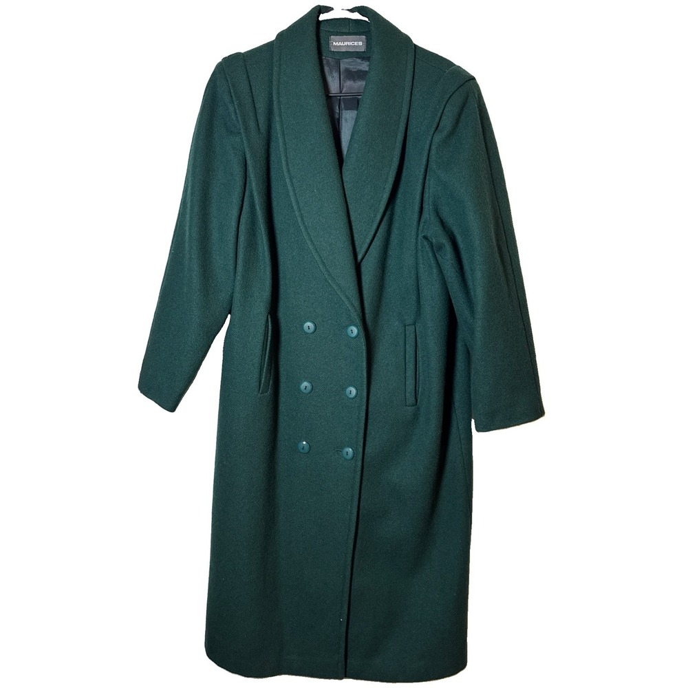 VTG Maurices Wool Coat Women's Large Green Double Breasted Long Made USA